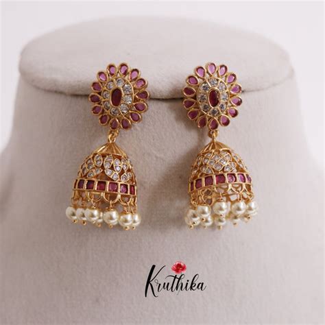 Elegant Ruby Flower Earrings Jhumka with Pears Drops E706 – Kruthika ...