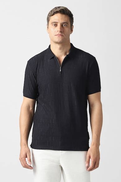 Buy Men Black Textured Polo Neck T-shirt Online - 40077970 | Van Heusen