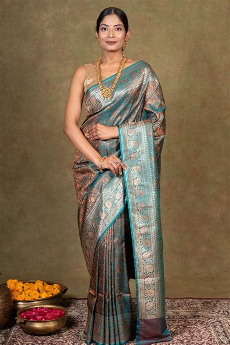 Buy Teal Blue Floral Jamewar Tanchoi Banarasi Silk Saree - House Of ...