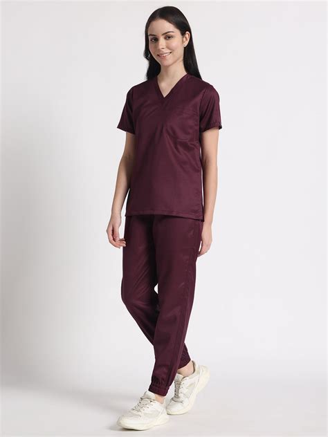 Stretchable (2Way) Female Wine V-Neck With Jogger Scrub Set – The Scrub ...