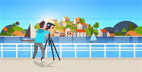 Man travel photographer taking nature picture of mountain city island ...