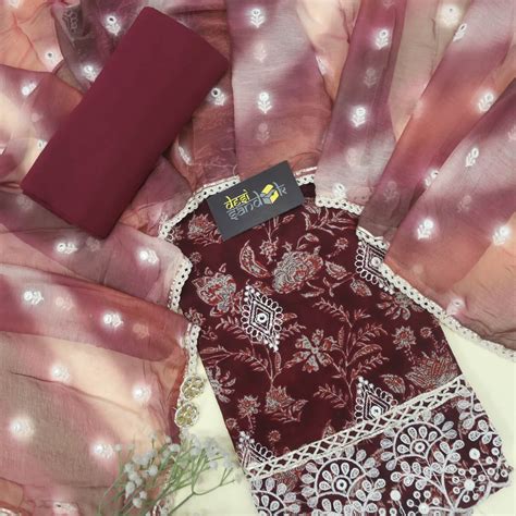Lahori Maroon Cotton Pakistani Suit with Embroidered Chiffon Dupatta S ...