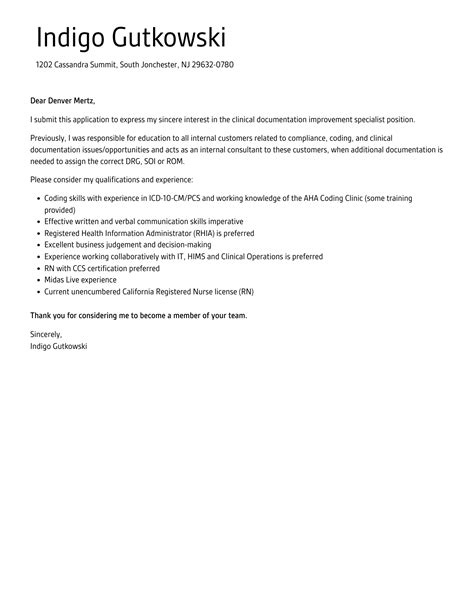 Clinical Documentation Improvement Specialist Cover Letter | Velvet Jobs