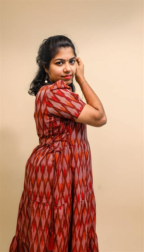 Maroon Ikkat Cotton Three Tier Maxi with Adjustable Side Corsets ...
