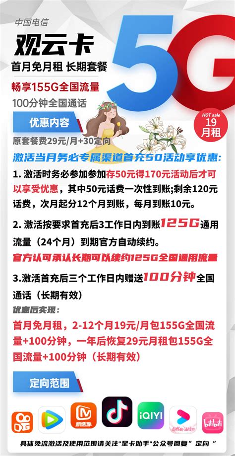 【长期套餐】电信观云卡19元包125G通用+30G定向+100分钟通话 | 小纸箱卡报站