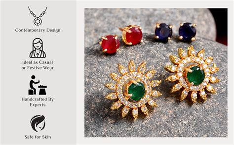 ZENEME Jewellery Gold-Plated Multi-Colour 5 In 1 Interchangeable Stud ...