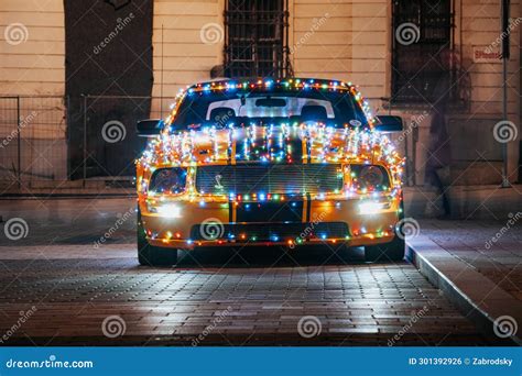 Christmas Decorated Sports Car Ford Mustang Editorial Photo - Image of celebrate, lighting ...