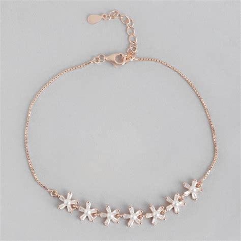 Rose Petal Elegance Pearl-CZ Rhodium Plated 925 Sterling Silver Bracel ...