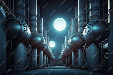 Premium AI Image | Row of dark factory pipes at night in rays of moon ...