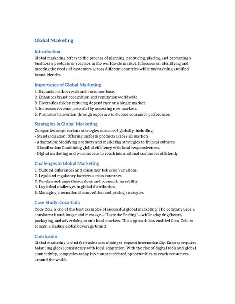 Global Marketing Project: Strategies and Challenges in a Globalized World - Studocu - introduction to global marketing