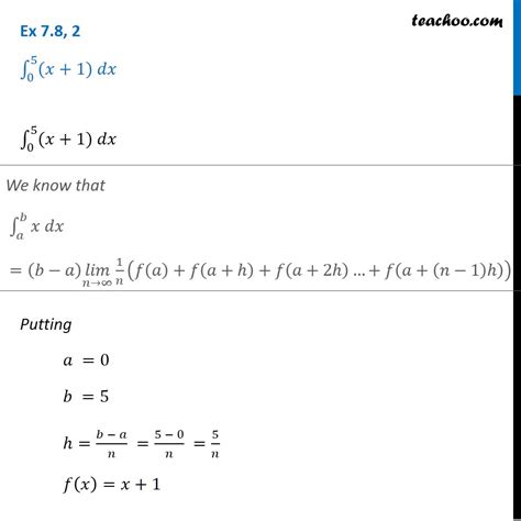 Question 2 - Integrate (x + 1) dx from 0 to 5 by limit as a sum