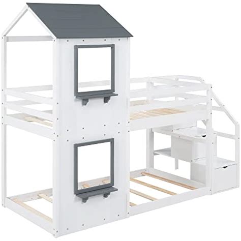 House Bunk Bed with Roof and Window, Twin Over Twin India | Ubuy