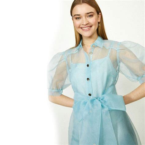 Powder Blue Puff Sleeves Organza Shirt Dress | DrapeMe