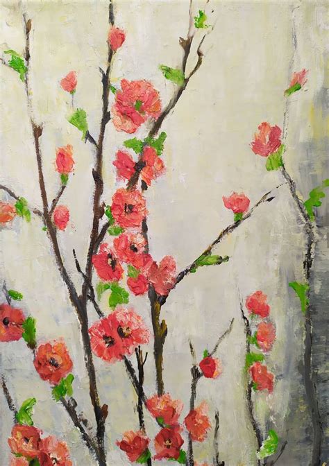 Flowering branches of Japanese quince Painting by Maria Karalyos ...