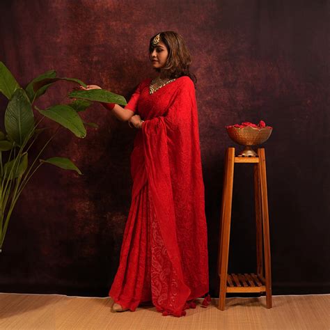 Red Chikankari Saree | Handcrafted Lucknowi Embroidery Saree – Kottanz ...