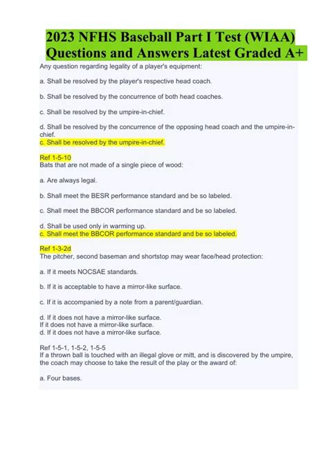 NFHS Baseball Part I Test (WIAA) Questions and Answers Latest Update ...