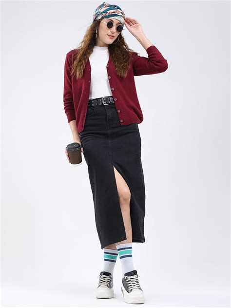 Buy Women Maroon Solid V Neck Full Sleeve Cardigan Online in India ...