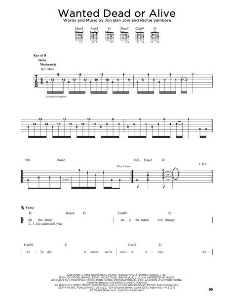 Wanted Dead Or Alive by Bon Jovi - Guitar Lead Sheet - Guitar Instructor
