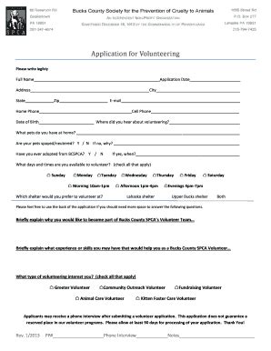 Fillable Online Application for Volunteering - Bucks County SPCA Fax ...