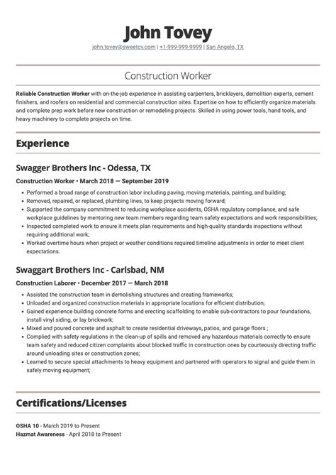 Image result for Construction Worker Resume Examples