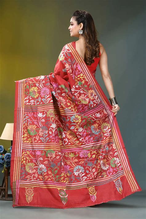 Cherry Red Multicolor Floral Handcrafted Silk Kantha – Craftyle