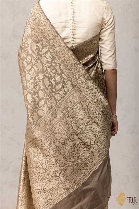 Taupe Pure Katan Silk Banarasi Shikargah Handloom Saree - Tilfi