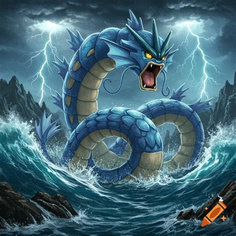 A realistic depiction of the blue sea serpent Pokemon Gyarados, roaring ...