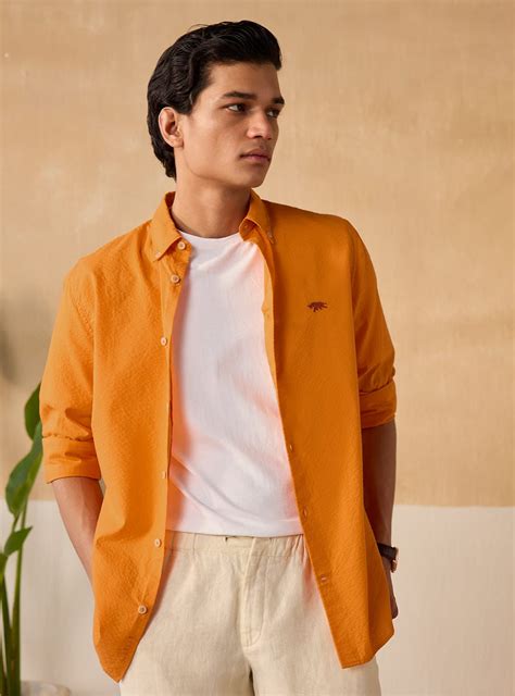 Buy Marigold Seersucker Shirt | Casual Orange Solid Shirt for Men ...