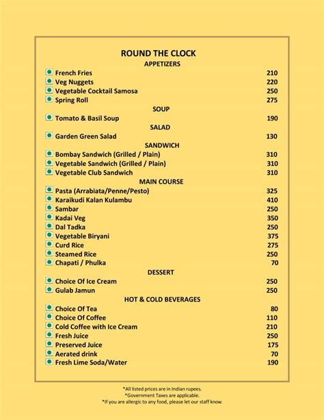 Menu at Aureate Flavour of India, India