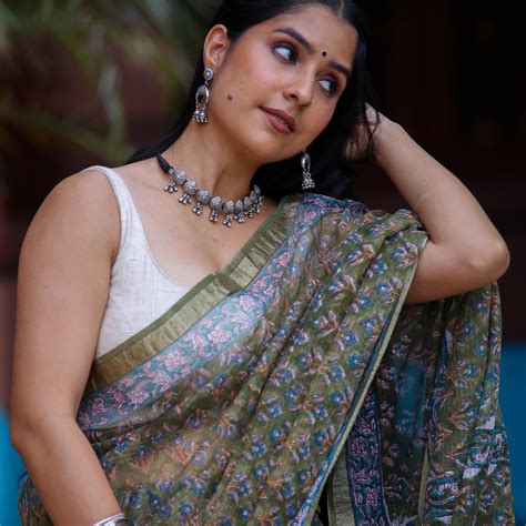 Green White Sanganeri Handblock Print Kota Doria Saree – Gray and Green ...