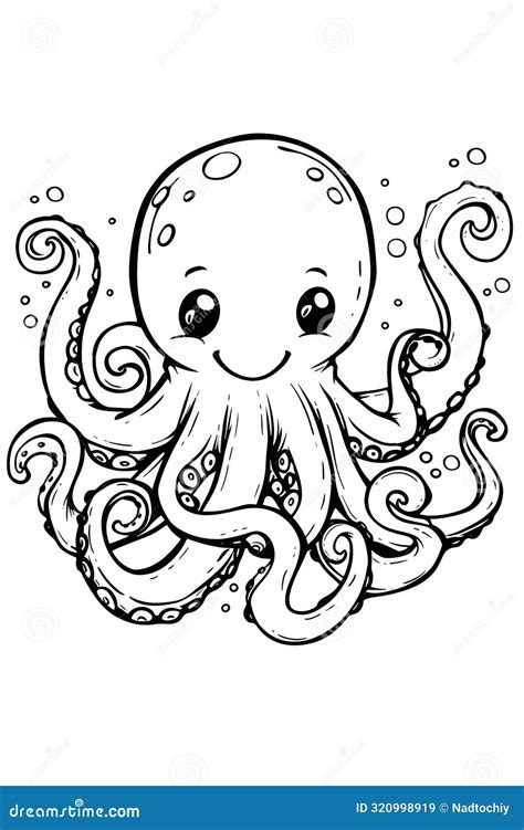 Monochromatic Illustration of a Charming Cephalopod with Tentacles Stock Illustration ...