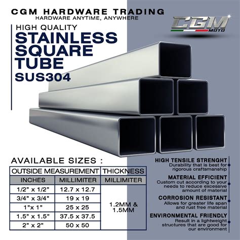 304 Stainless Square Tube (1/2" x 1/2", 3/4" x 3/4", 1" x 1", 1-1/2" x ...