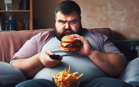 AI generated Fat man sitting and eating hamburger on the sofa. in the ...