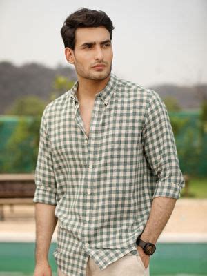 Buy Perch Men Meadow Green Checks Linen Shirt (XS) Online