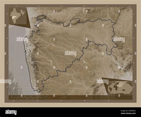 Maharashtra, state of India. Elevation map colored in sepia tones with lakes and rivers. Corner ...