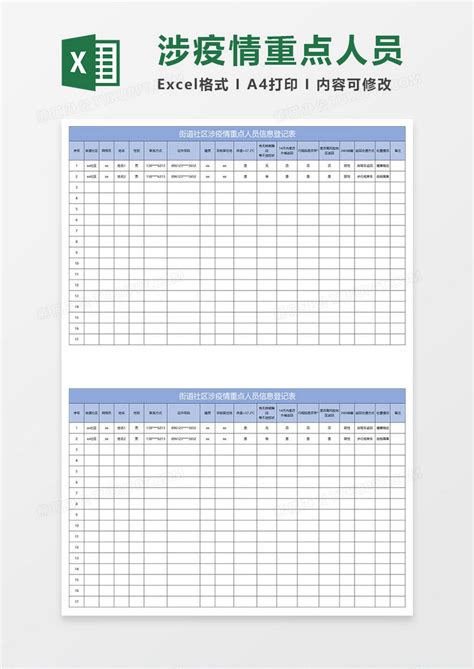 淡蓝简约街道社区涉疫情重点人员信息登记表模板下载_社区_图客巴巴