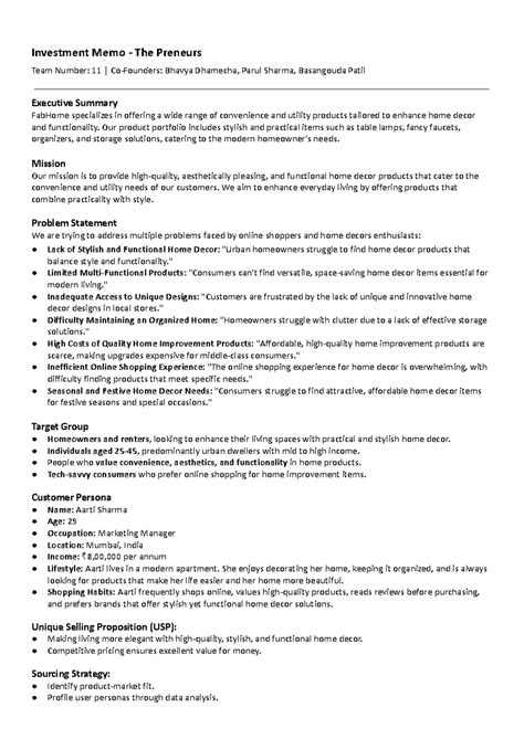 Investment Memo Team 11 - Investment Memo - The Preneurs Team Number ...