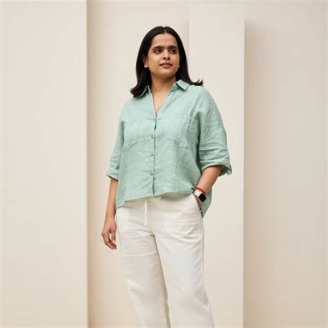 Oversized Boxy Crop Linen Shirt for Women- Sage – Rimore