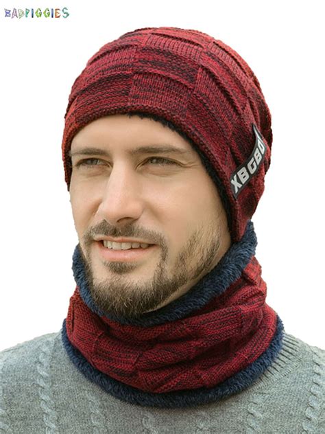 BadPiggies Mens Winter Beanie Hat Scarf Set Warm Fleece Lined Knit Ski ...