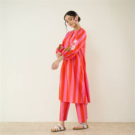 Buy Verandah Striped Kurta Set - Hot Pink | Rustorange