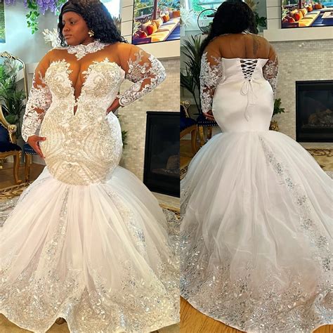 2025 Arabic Aso Ebi Plus Size Ivory Wedding Dresses Lace Crystals Beaded Sheer Neck Vintage ...
