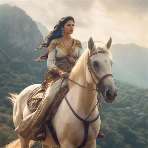 Premium AI Image | A woman riding a horse with a mountain in the background