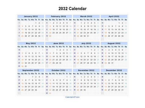 2032 Calendar - Blank Printable Calendar Template in PDF Word Excel