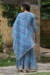 Buy Blue Mulmul Print And Embroidery Leheriya Notched Kurta Gharara Set ...