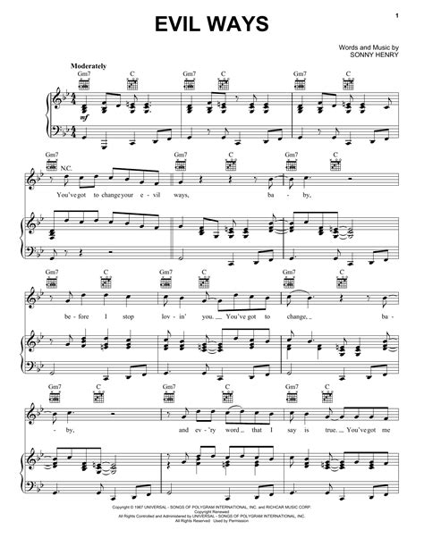 Evil Ways sheet music by Santana (Piano, Vocal & Guitar (Right-Hand ...