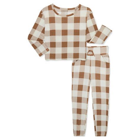 Wonder Nation Girl's Ribbed Buffalo Check Pajamas Set with Long Sleeves ...