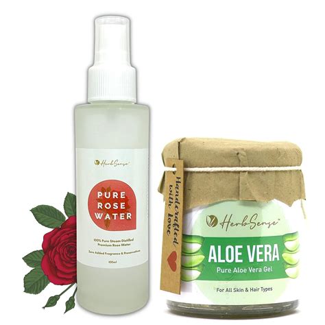 Herbsense Pure Rose Water & Pure Aloe Vera Gel Combo Pack, Hydrating ...