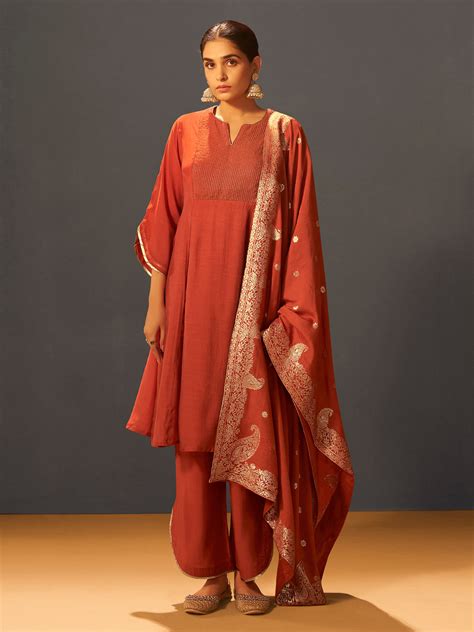 Rust Red Chanderi Silk Suit Set with Banarasi Dupatta – TRULY SMA