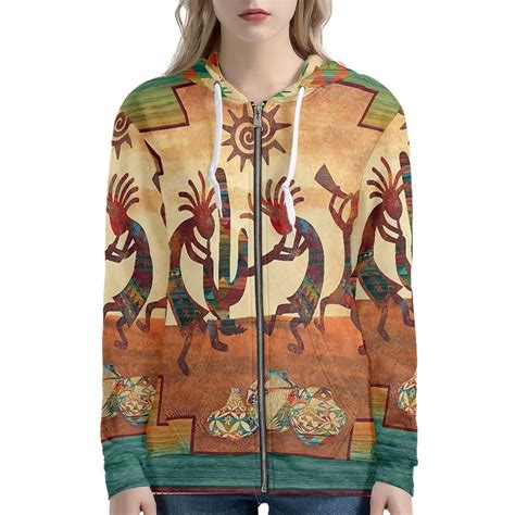 Renewold Autumn Clothes Women Vintage Southwestern Aztec Kokopelli Print Zipper Hoodie Size L ...