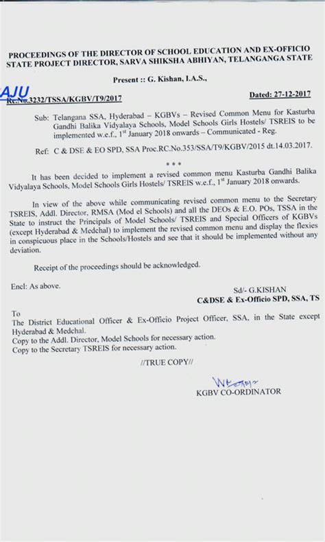 TS KGBVs Revised Common Menu for Kasturba Gandhi Balika Vidyalaya ...